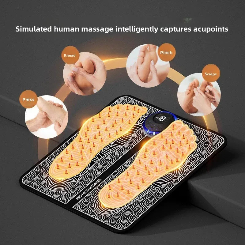 Electric EMS foot massager mat with acupoint stimulation nodes and digital control screen