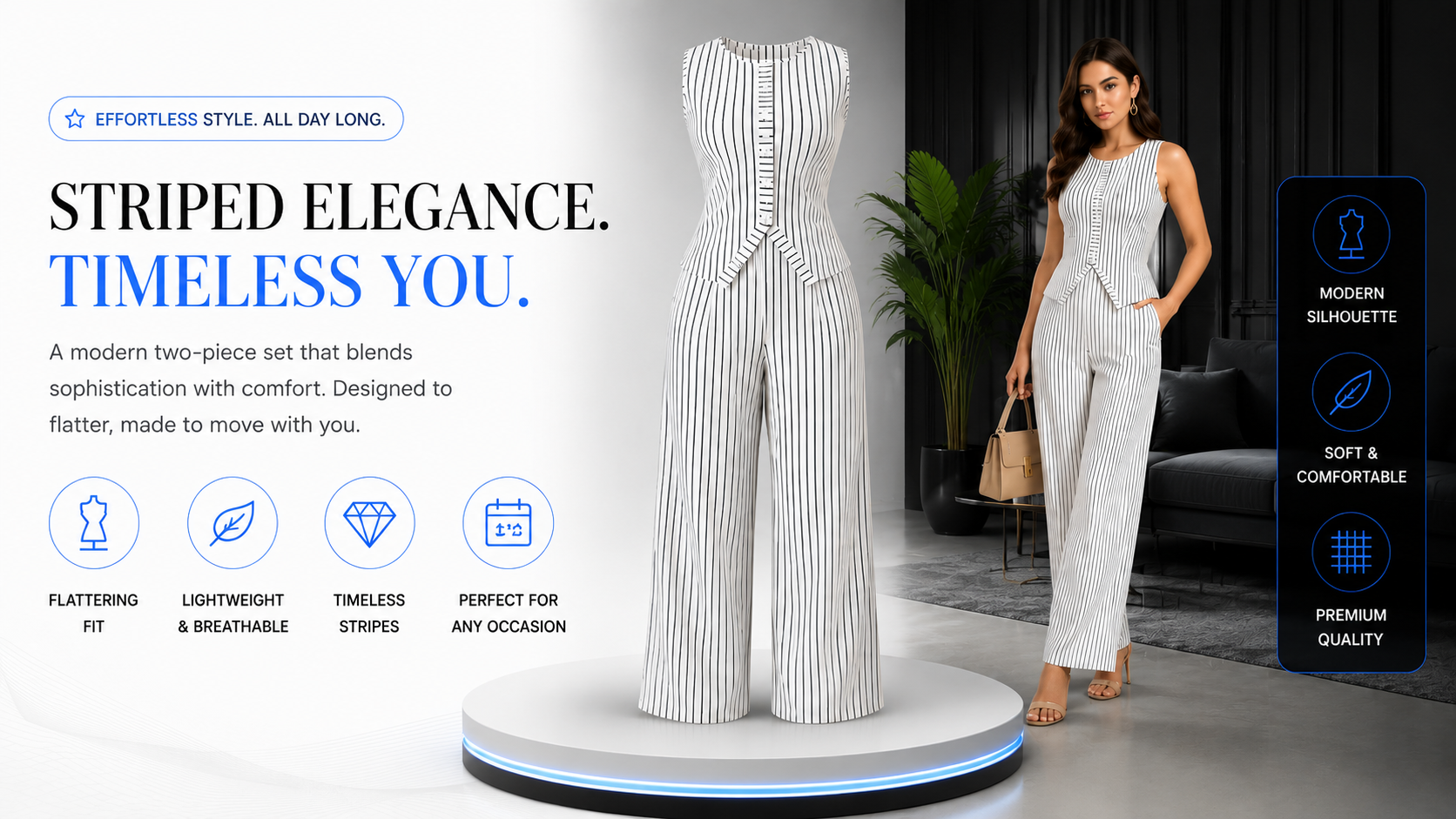 Novoraa Women Retro Striped Vest and Wide-Leg Pants Set - Landing Image 2