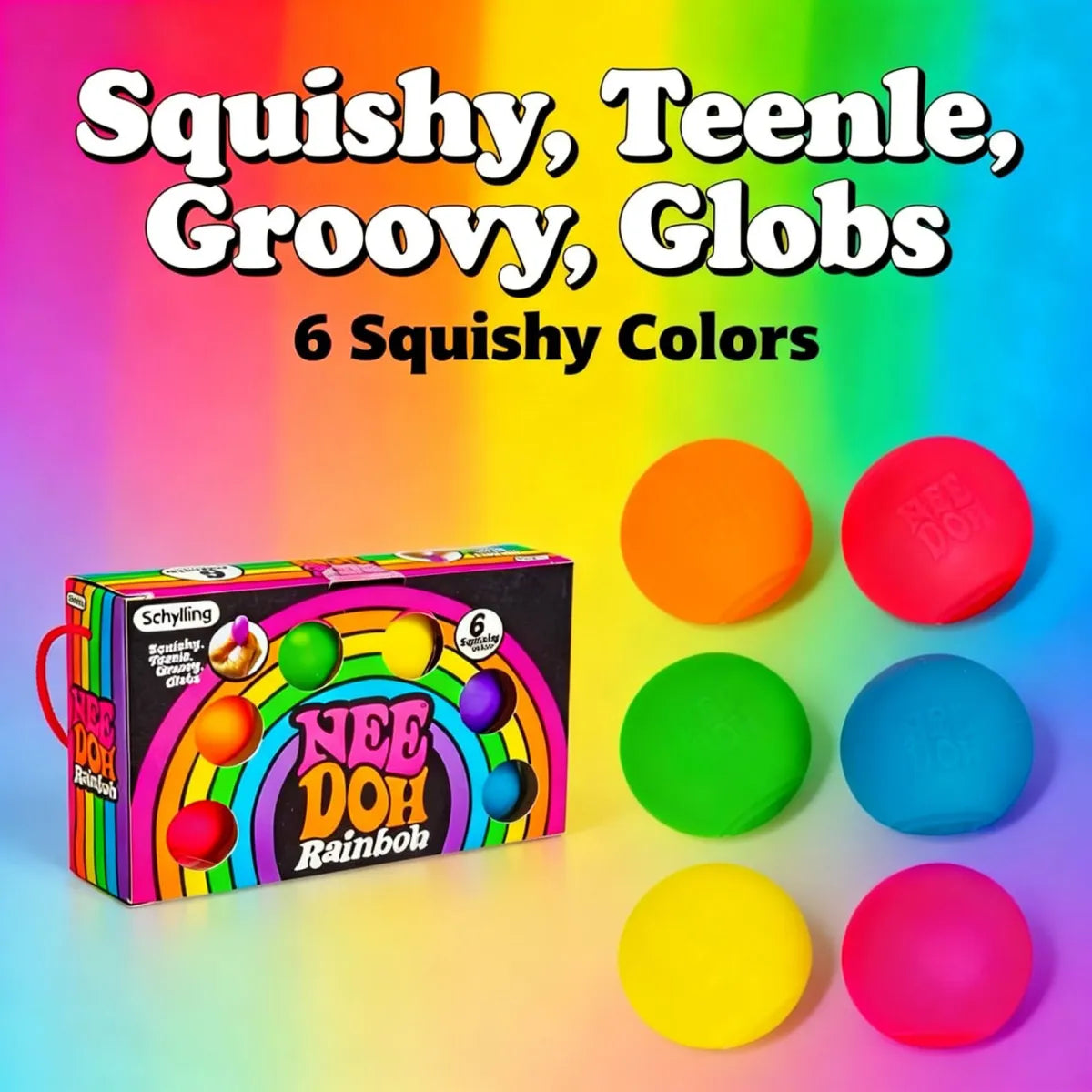 Schylling Neat Doh Rainbow toy set with colorful balls and packaging on a rainbow gradient background.