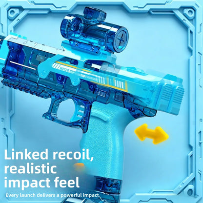 A translucent blue toy gun with a mounted scope, shown at an angle on a light blue futuristic frame. White text at the bottom reads 'Linked recoil, realistic impact feel' and 'Every launch delivers a powerful impact.
