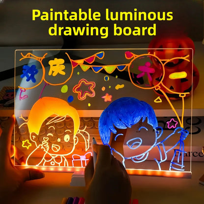 Paintable luminous drawing board with colorful drawings and glowing effects.