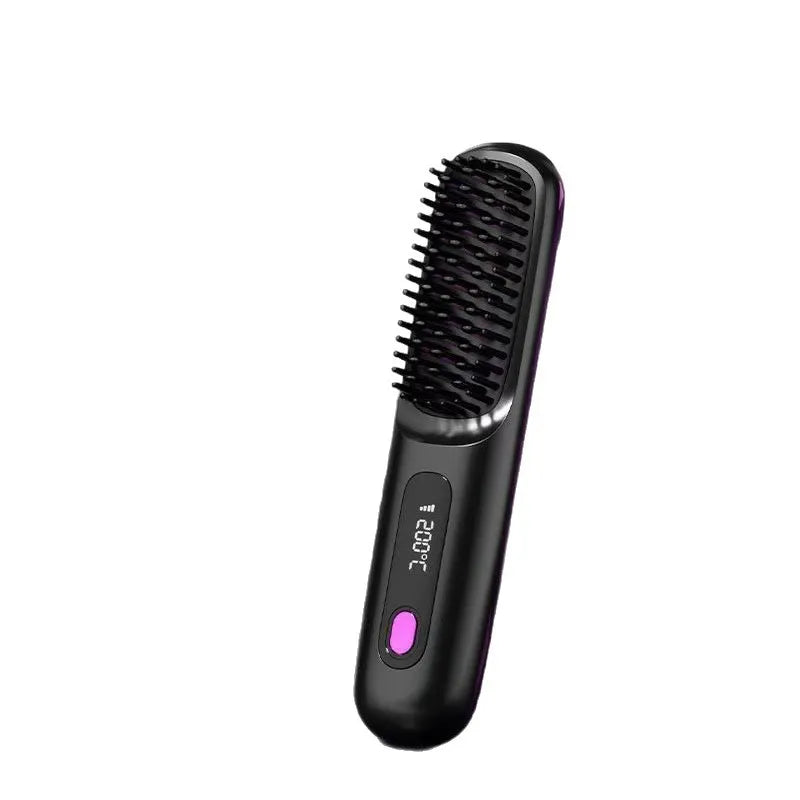 Black hair straightening brush with digital display on a white background