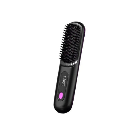 Black hair straightening brush with digital display on a white background