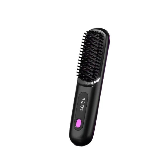 Black hair straightening brush with digital display on a white background