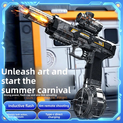 Toy gun with futuristic design on a blue and orange background