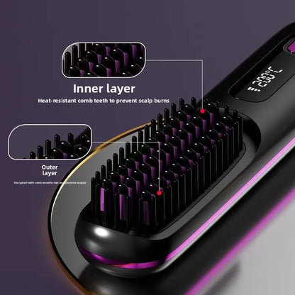 Hair straightening brush with digital display on a dark background