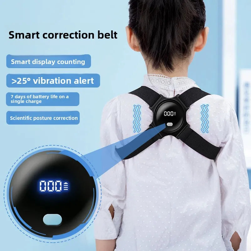 Smart correction belt worn by a person with features highlighted on a blue background