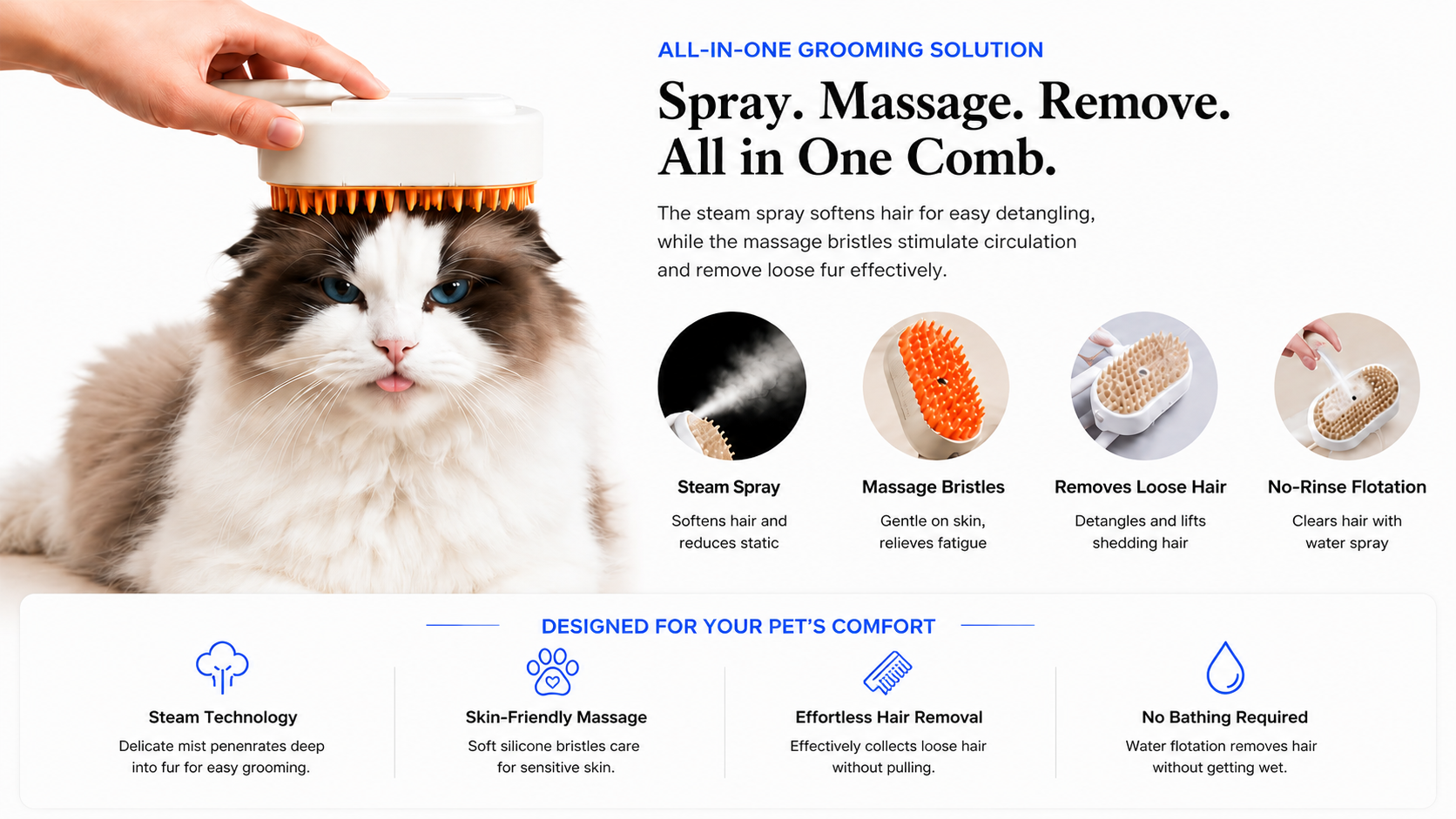novoraa Pet Spray Massage Comb Cat Steam Comb Hair Comb - Landing Image 3