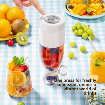 Portable blender with fruits and drinks on a checkered tablecloth