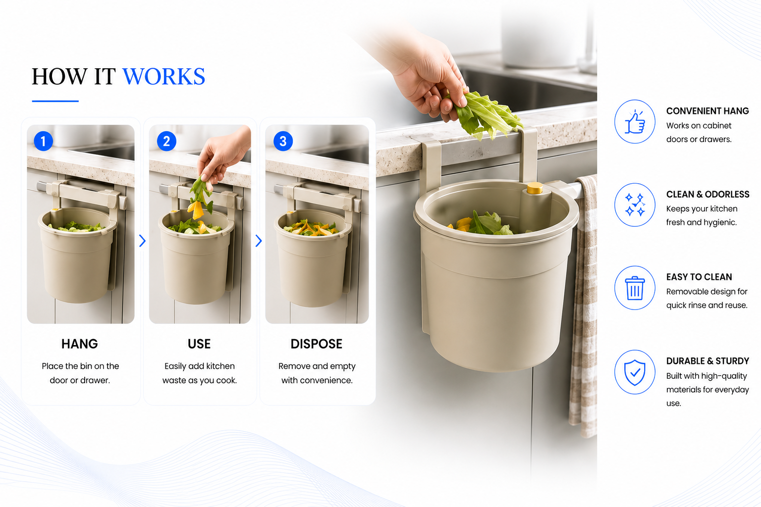 Novoraa Hanging Sink Drain Basket for Kitchen Use - Landing Image 2