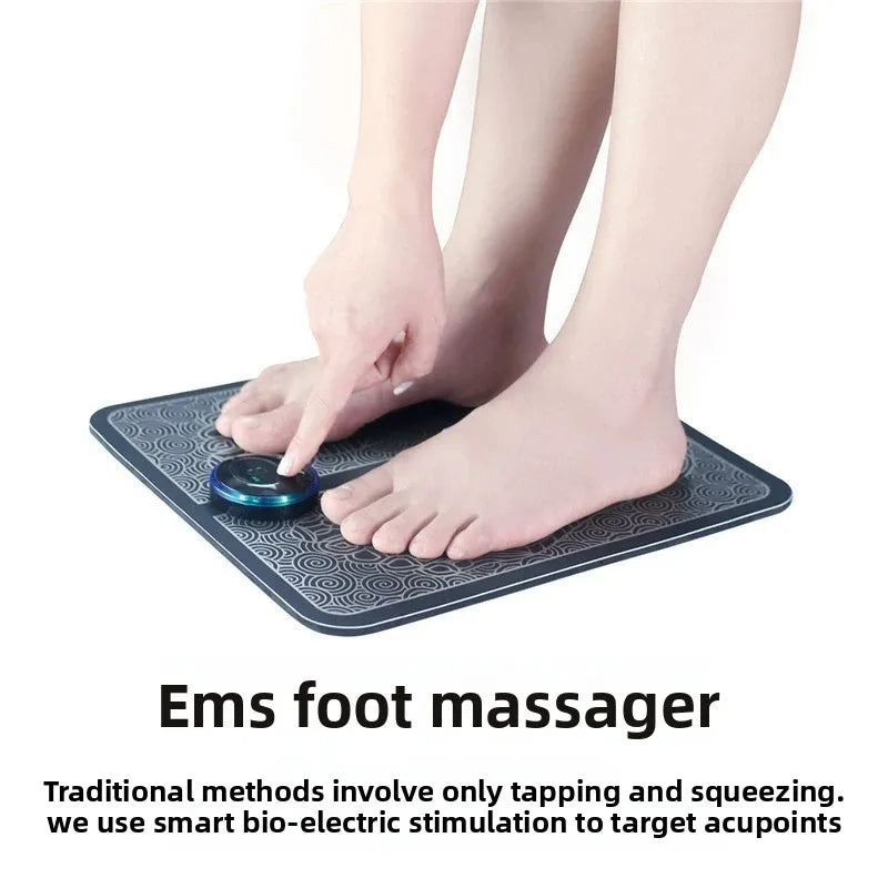 Person using an EMS foot massager with text highlighting its benefits.