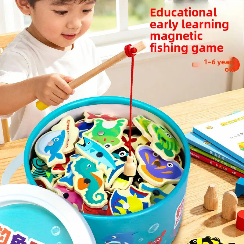 Child playing with an educational magnetic fishing game on a table.