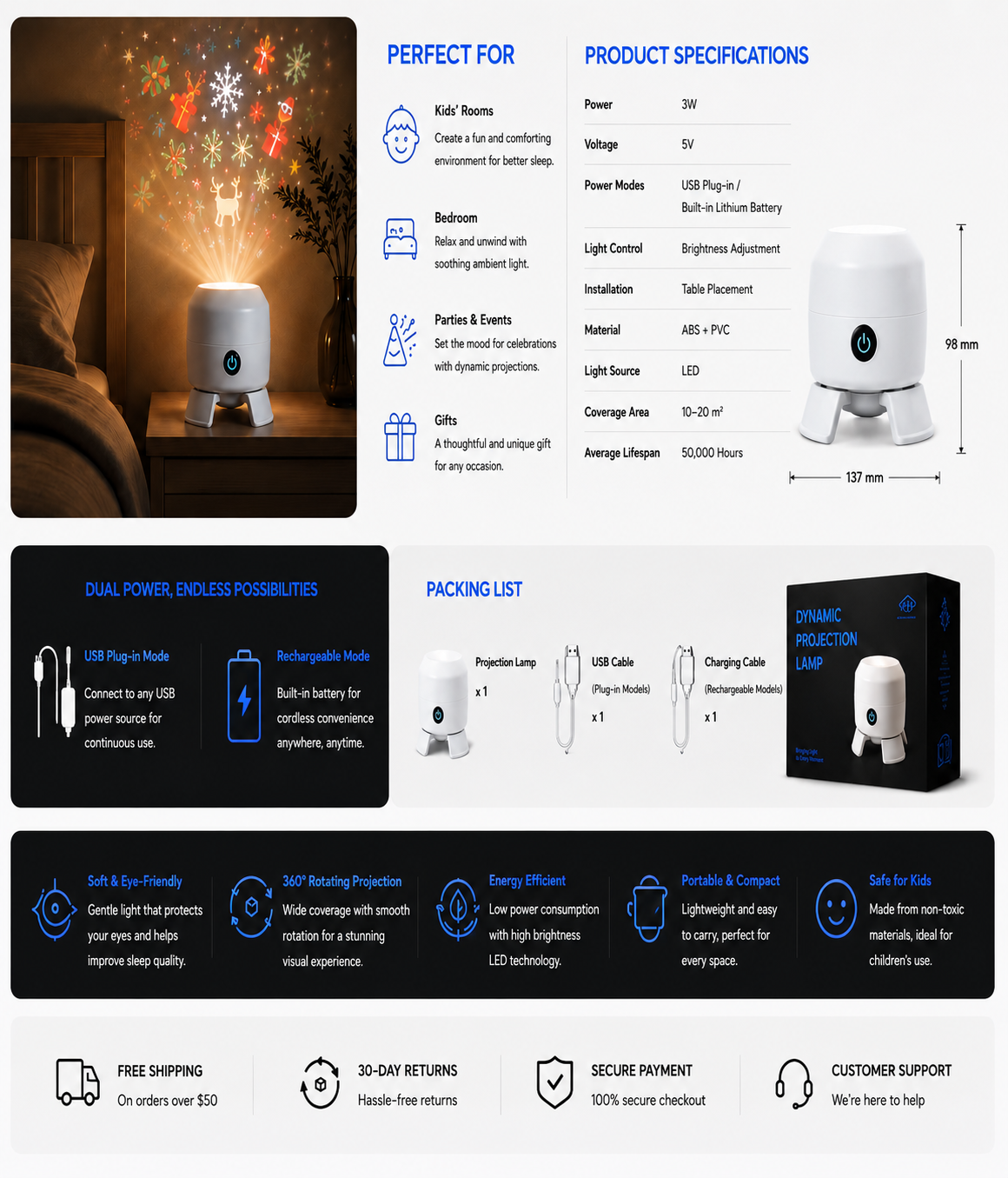 novoraa Rotating Starry Sky Projection Night Light 