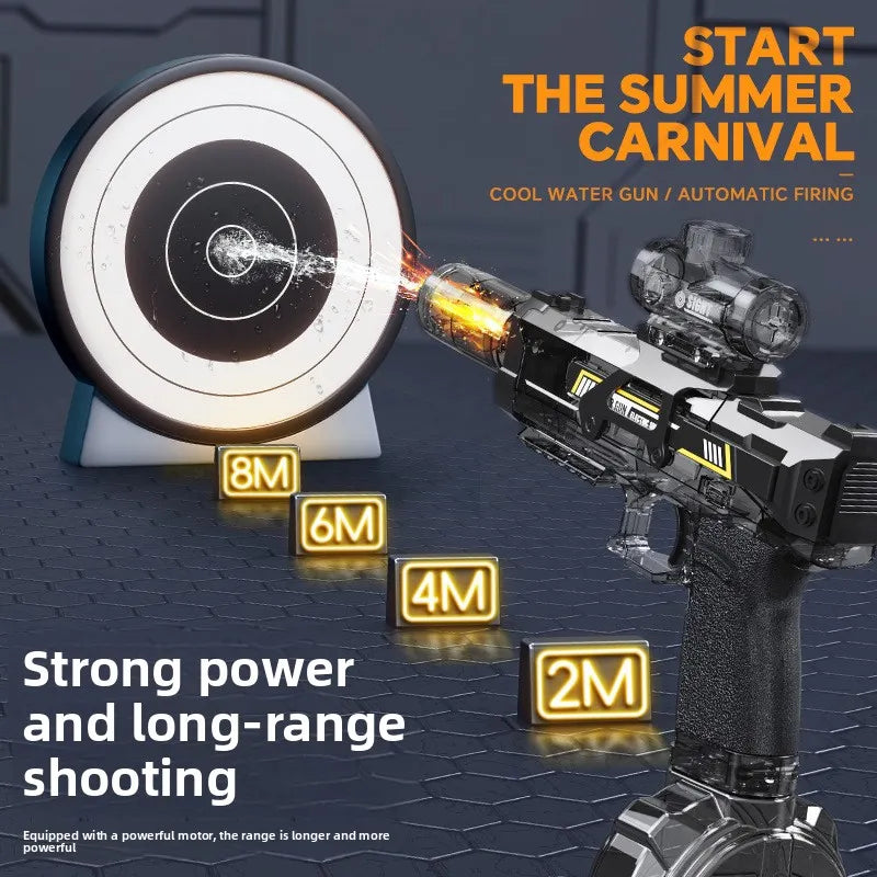 Toy water gun with target and distance indicators on a dark background, promoting a summer carnival event.