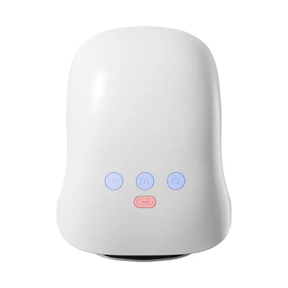 A white, dome-shaped electronic device with three control buttons on the front, including blue buttons and a red power button, isolated on a white background.