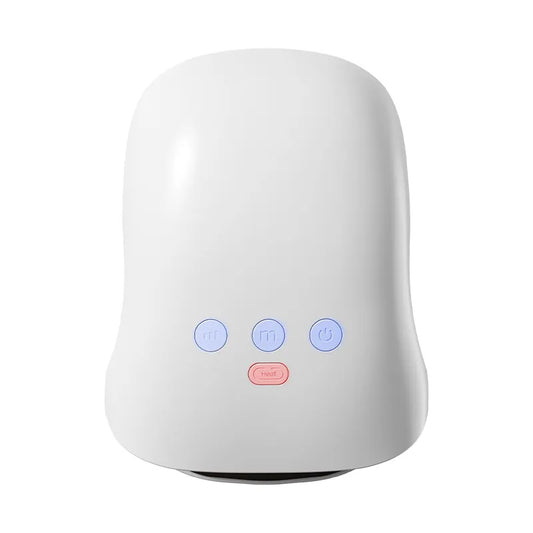 A white, dome-shaped electronic device with three control buttons on the front, including blue buttons and a red power button, isolated on a white background.