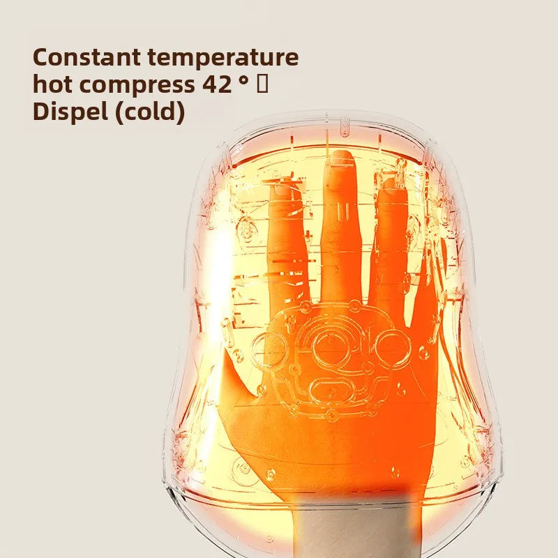 Hand-shaped device with a warm glow on a beige background, labeled as a constant temperature hot compress.