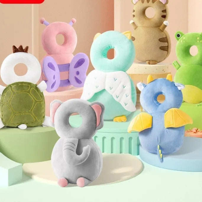 Collection of colorful animal-shaped pillows on a pastel background