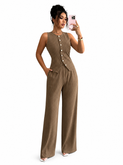 Novoraa Women Retro Striped Vest and Wide-Leg Pants Set