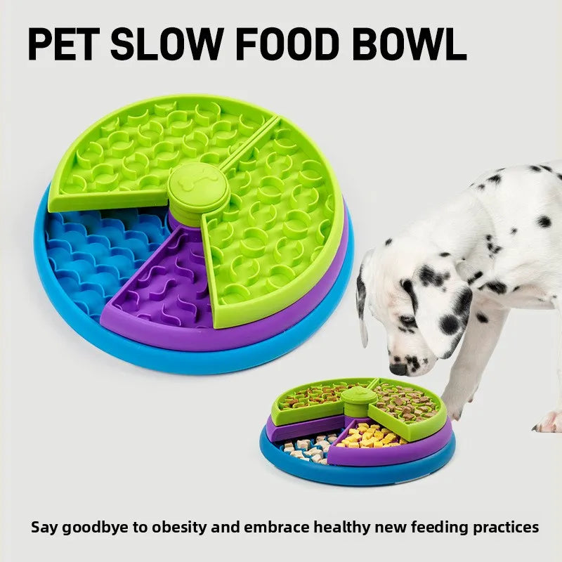 Pet slow food bowl with a dog eating from it on a white background