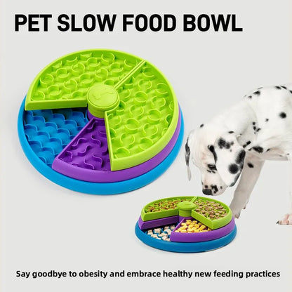Pet slow food bowl with a dog eating from it on a white background