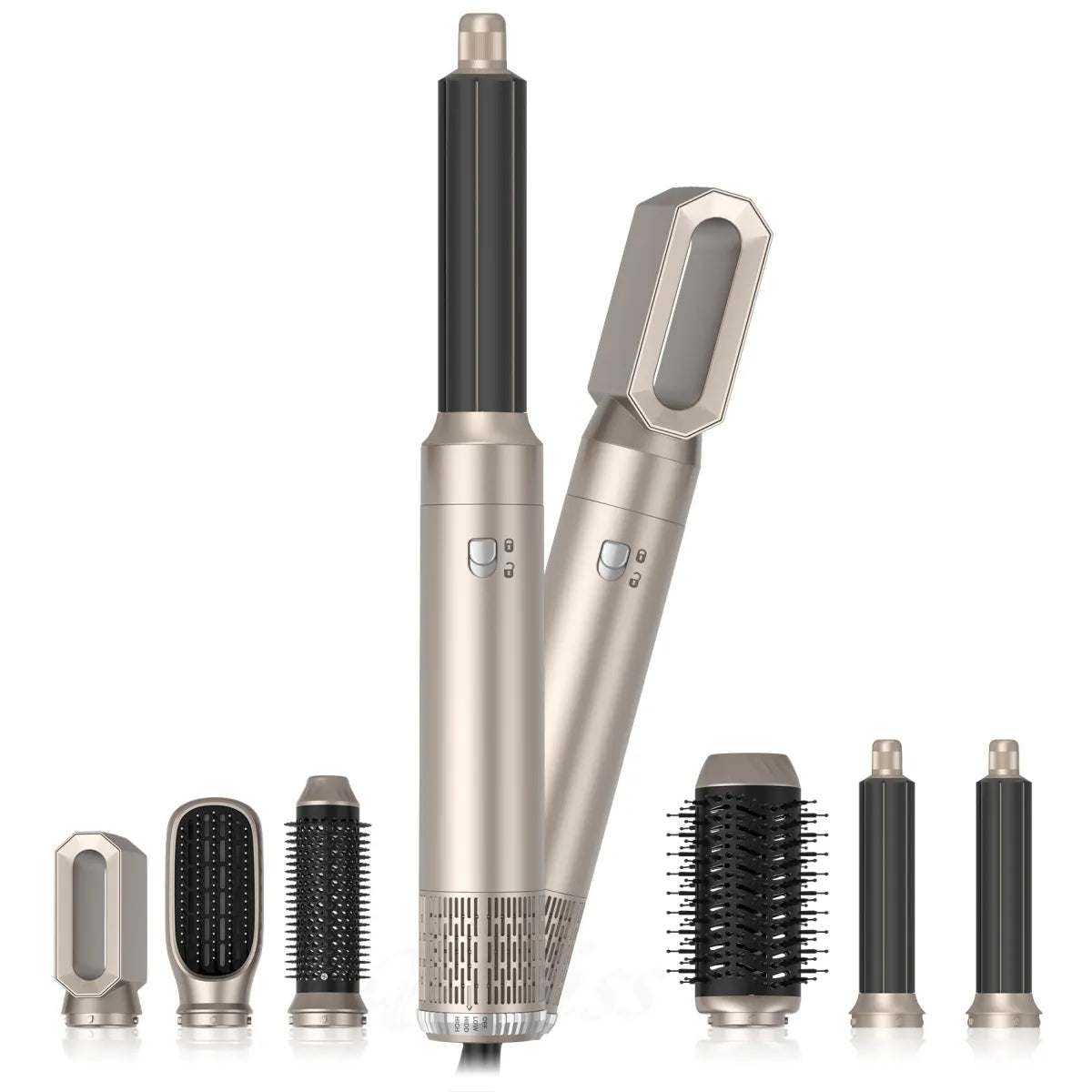 Champagne gold 6-in-1 hot air styler set with interchangeable curling barrels and brush attachments