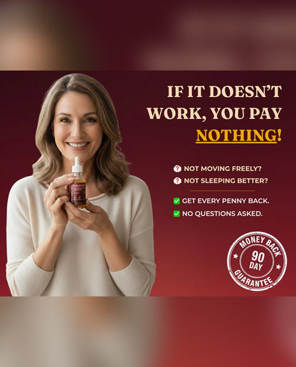 Woman holding a bottle with promotional text on a red background