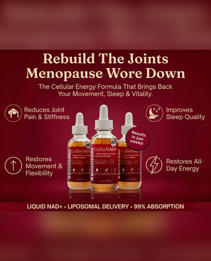 Three bottles of a supplement on a red background with text about joint health and menopause symptoms.