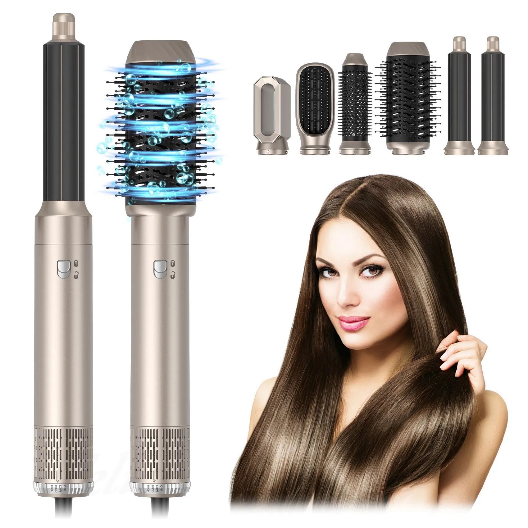 Hair styling tool with interchangeable attachments and a woman with styled hair.