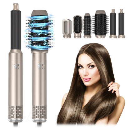 Hair styling tool with interchangeable attachments and a woman with styled hair.
