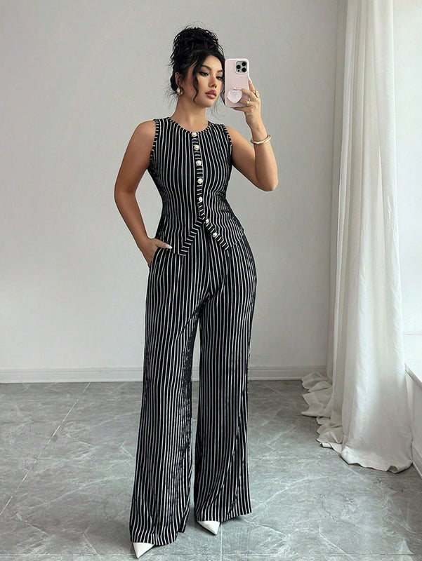 Novoraa Women Retro Striped Vest and Wide-Leg Pants Set