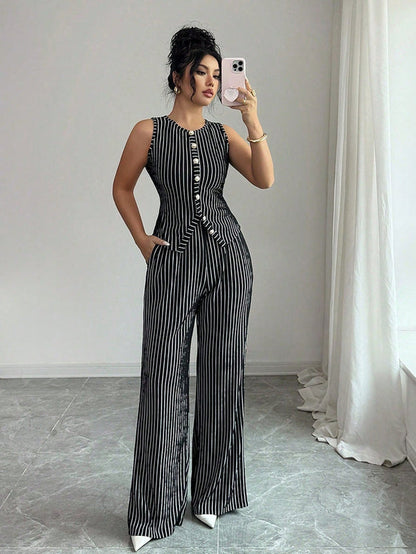 Novoraa Women Retro Striped Vest and Wide-Leg Pants Set