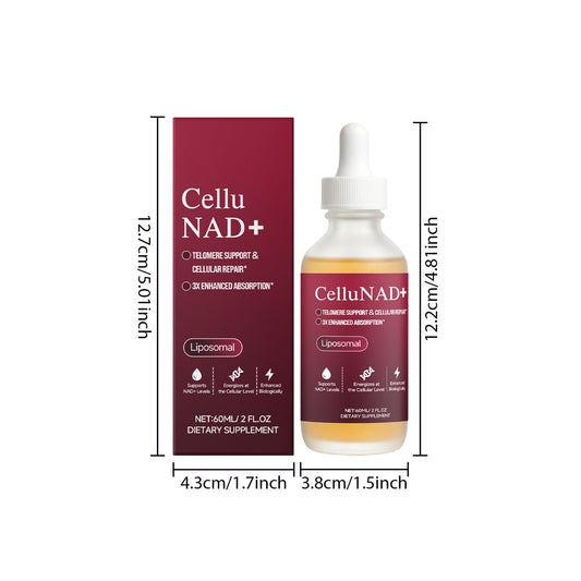 Cellu NAD+ supplement bottle and packaging with dimensions on a white background