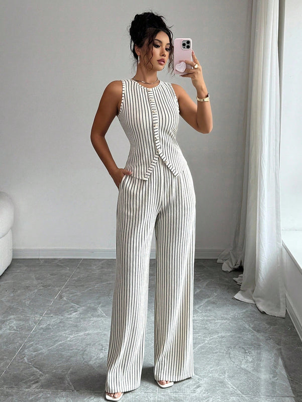 Novoraa Women Retro Striped Vest and Wide-Leg Pants Set