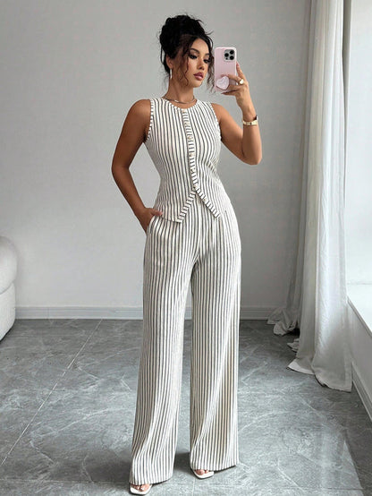 Novoraa Women Retro Striped Vest and Wide-Leg Pants Set