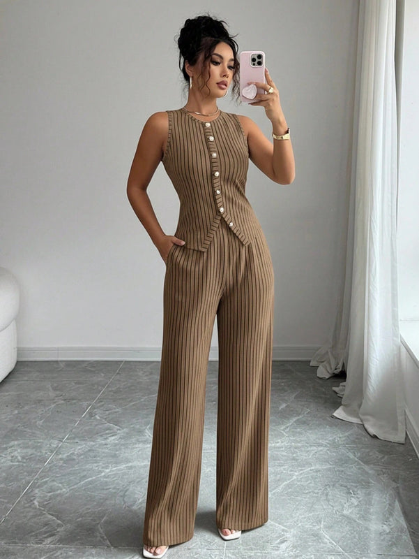 Novoraa Women Retro Striped Vest and Wide-Leg Pants Set