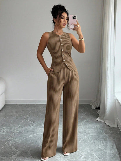 Novoraa Women Retro Striped Vest and Wide-Leg Pants Set