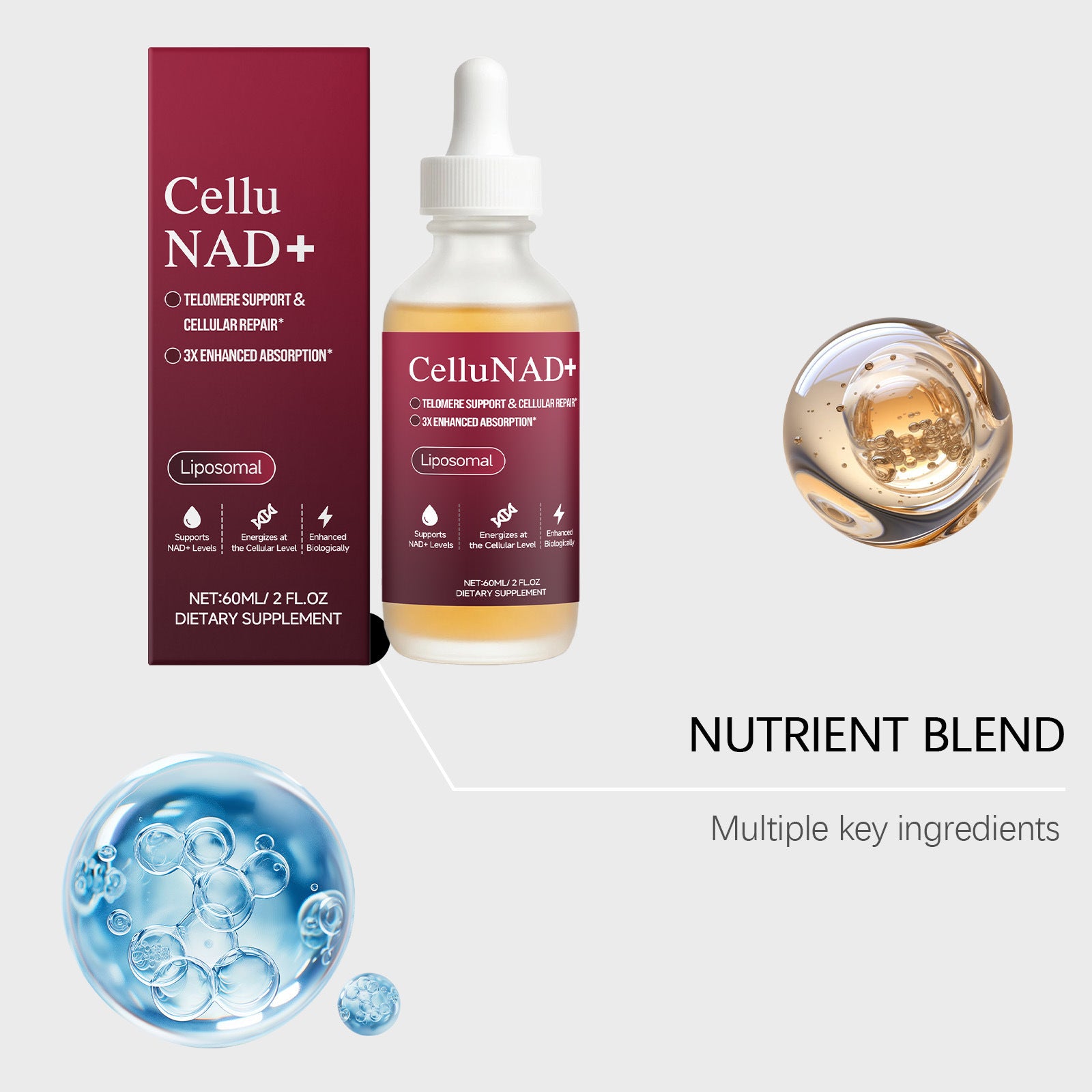 Cellu NAD+ supplement bottle and packaging with nutrient blend graphics on a white background