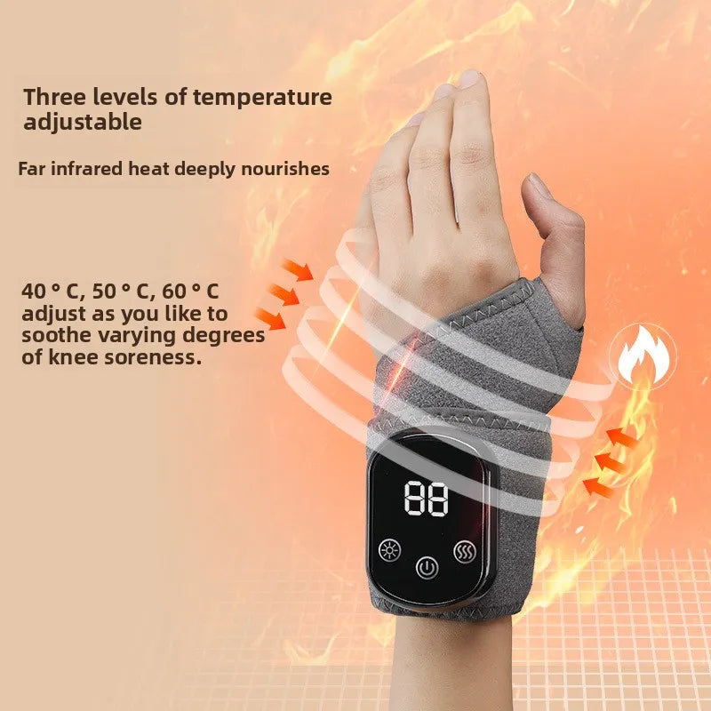 Heated glove with digital display on a wrist, set against an orange background with text about temperature adjustment.