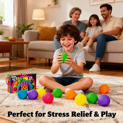 Child playing with colorful balls in a living room with a family in the background