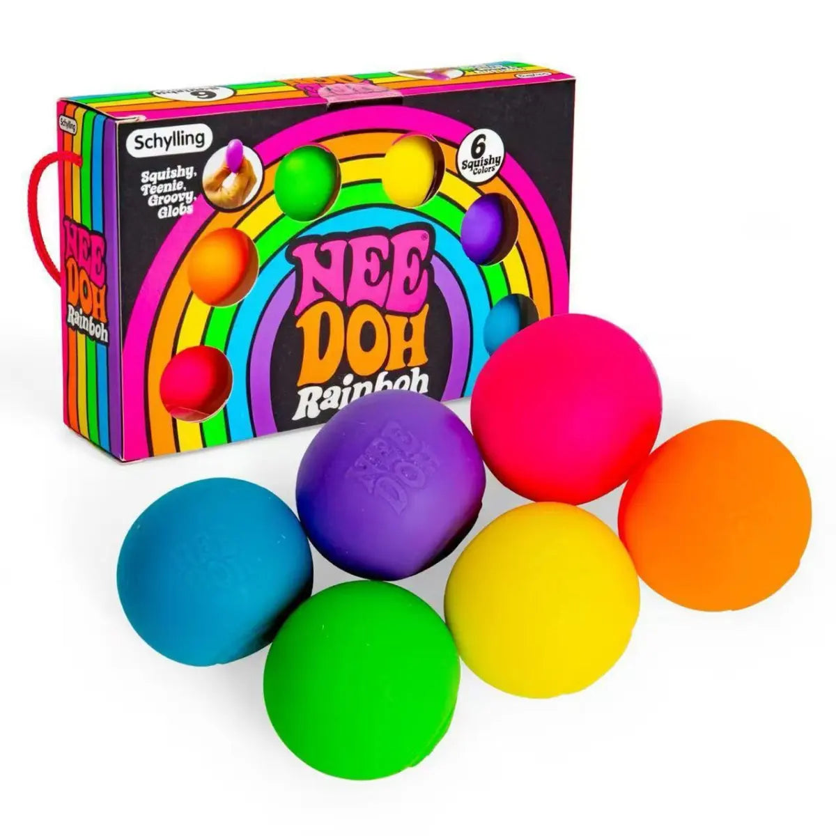 Colorful Nee Doh balls with packaging on a white background
