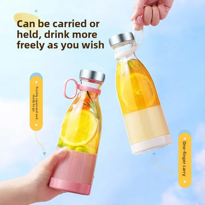 Two colorful water bottles held by hands 