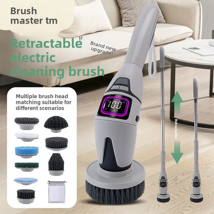 Retractable electric cleaning brush with multiple brush heads on a living room floor.