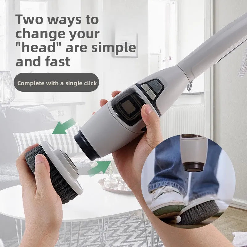 Handheld cleaning tool with interchangeable heads, used for cleaning a surface.