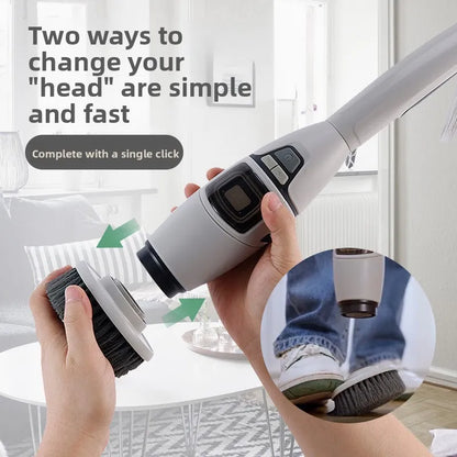 Handheld cleaning tool with interchangeable heads, used for cleaning a surface.