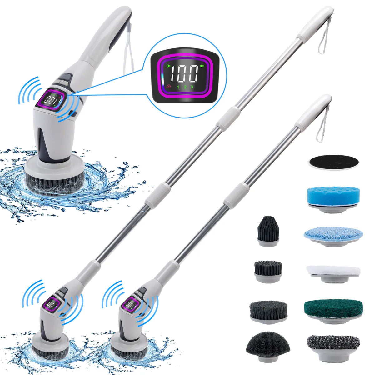 Electric pool cleaner with adjustable arm, digital display, and multiple brush heads on a white background.