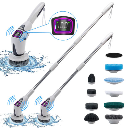 Electric pool cleaner with adjustable arm, digital display, and multiple brush heads on a white background.