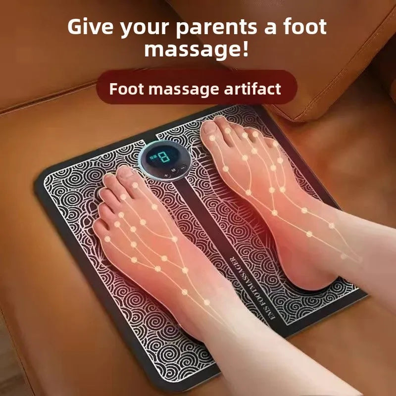 Foot massage artifact with digital display on a wooden floor, promoting foot massages for parents.