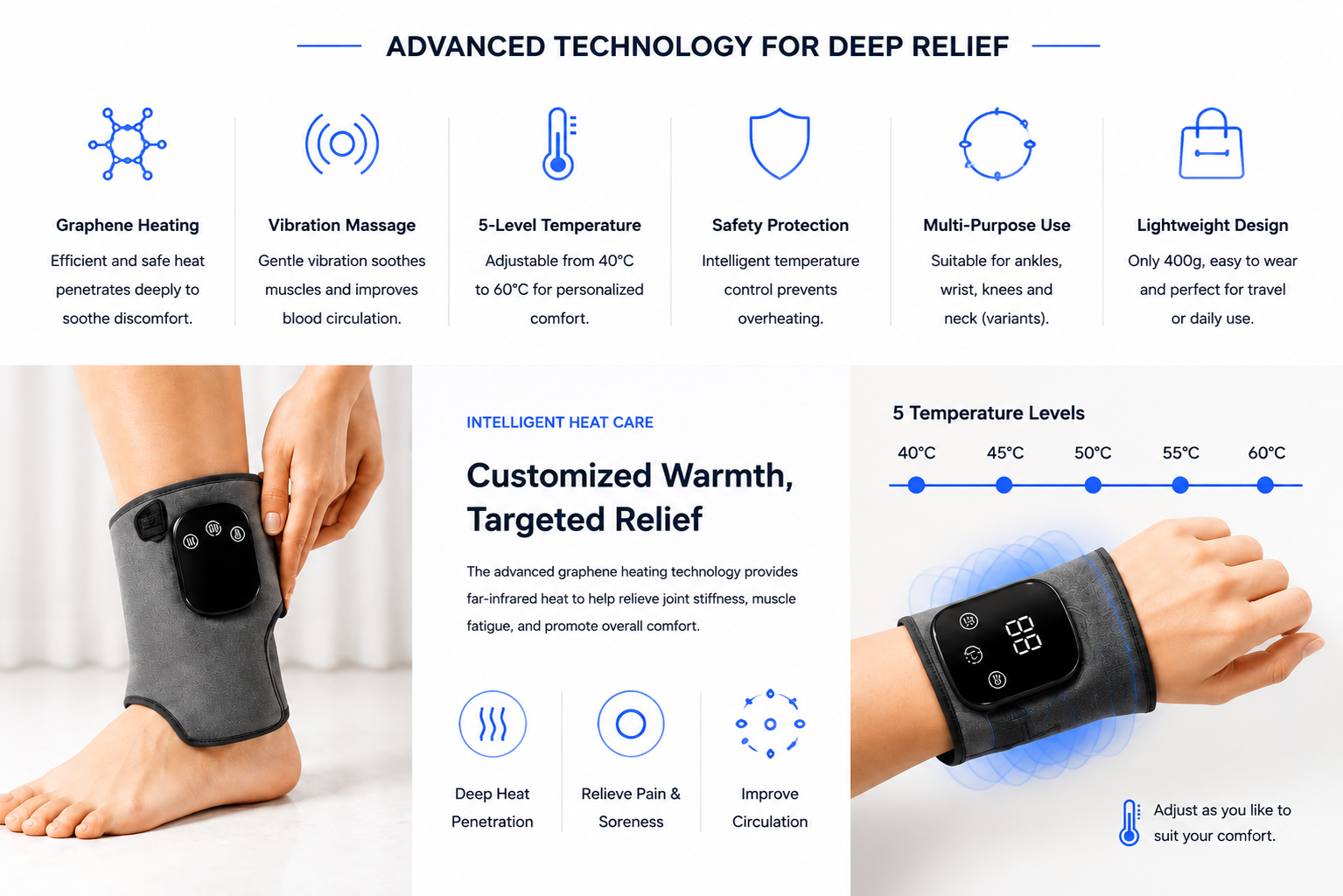 novoraa Electric Heating Ankle Protector with Vibration Massage and Graphene Technology - Landing Image 3