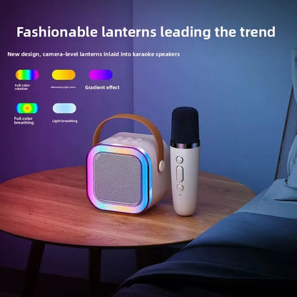 Karaoke speaker with colorful lighting and microphone on a wooden table, text about fashionable lanterns.